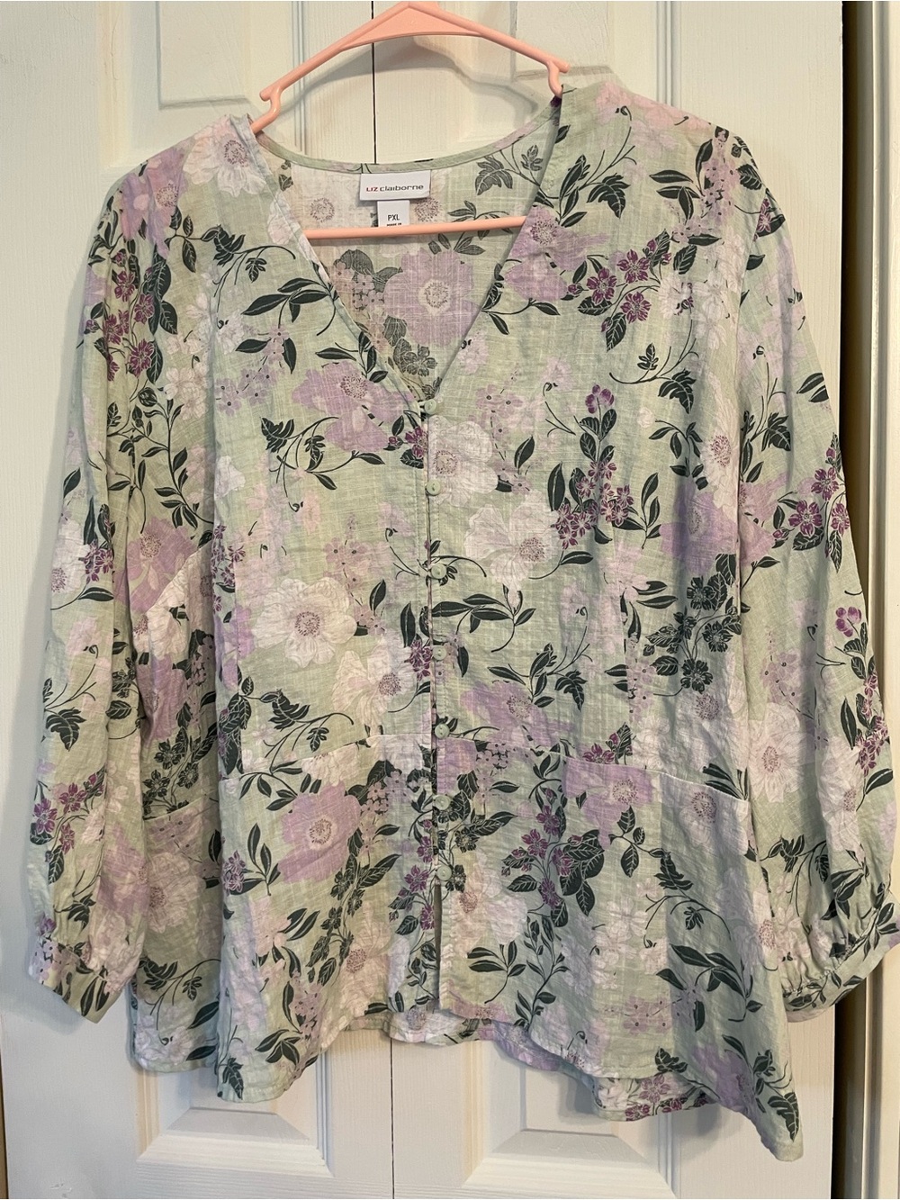 Liz Claiborne Pastel Green and Lavender Floral Button-Up Blouse